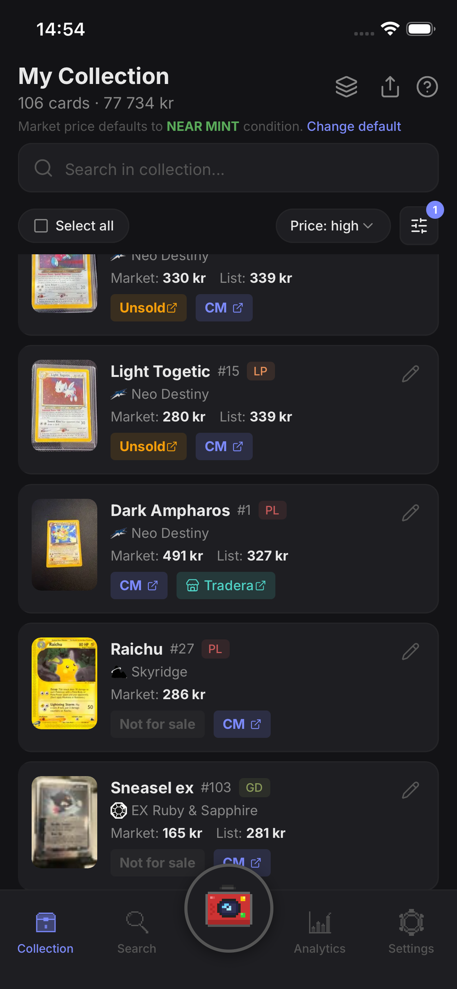 PokeValue — My Collection, listings managed in one place with Tradera