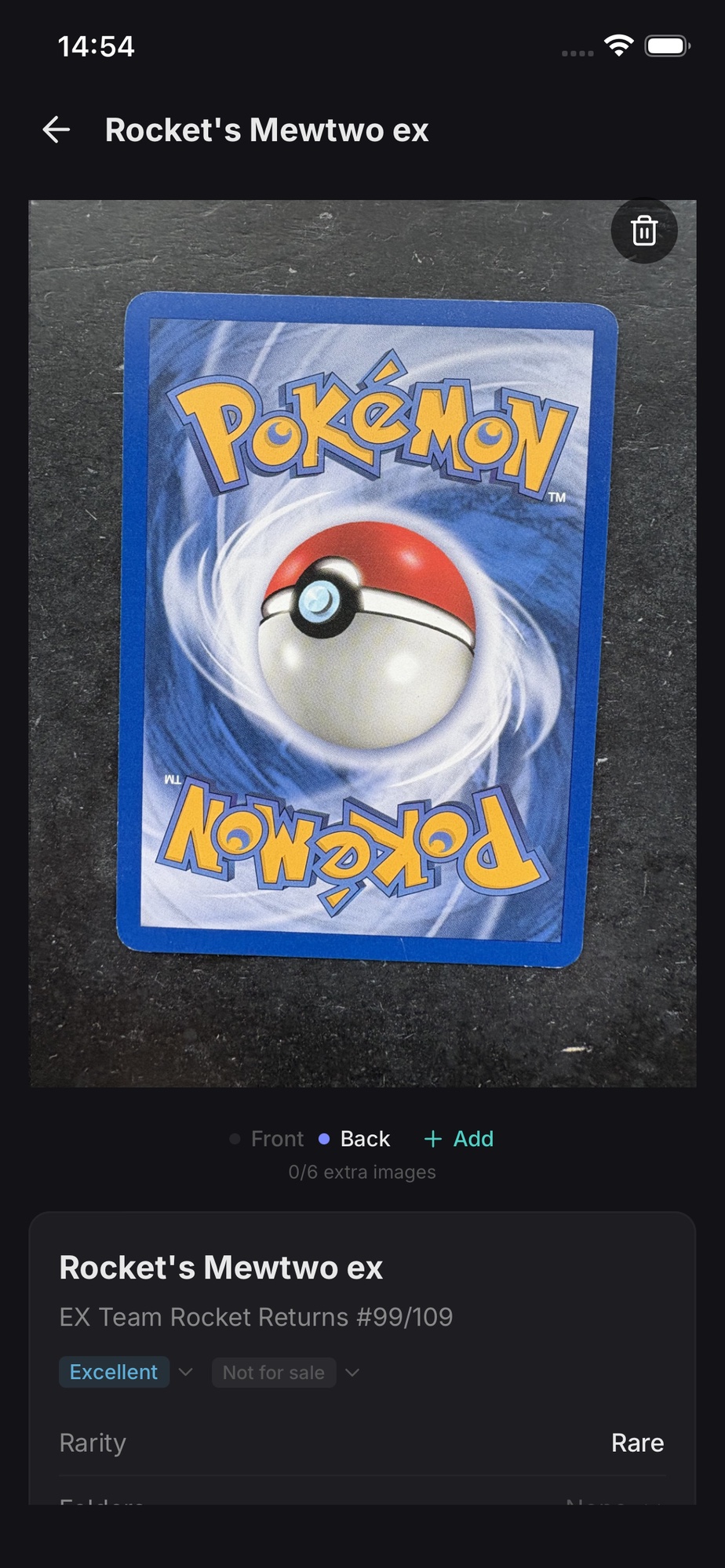 Rocket's Mewtwo ex — back photo stored in the vault